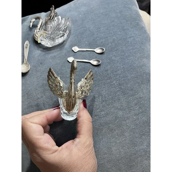 Pair of 3" Large Vtg Germany Silver & Crystal Swan Master Salt Cellars w/Spoons - Picture 13 of 16